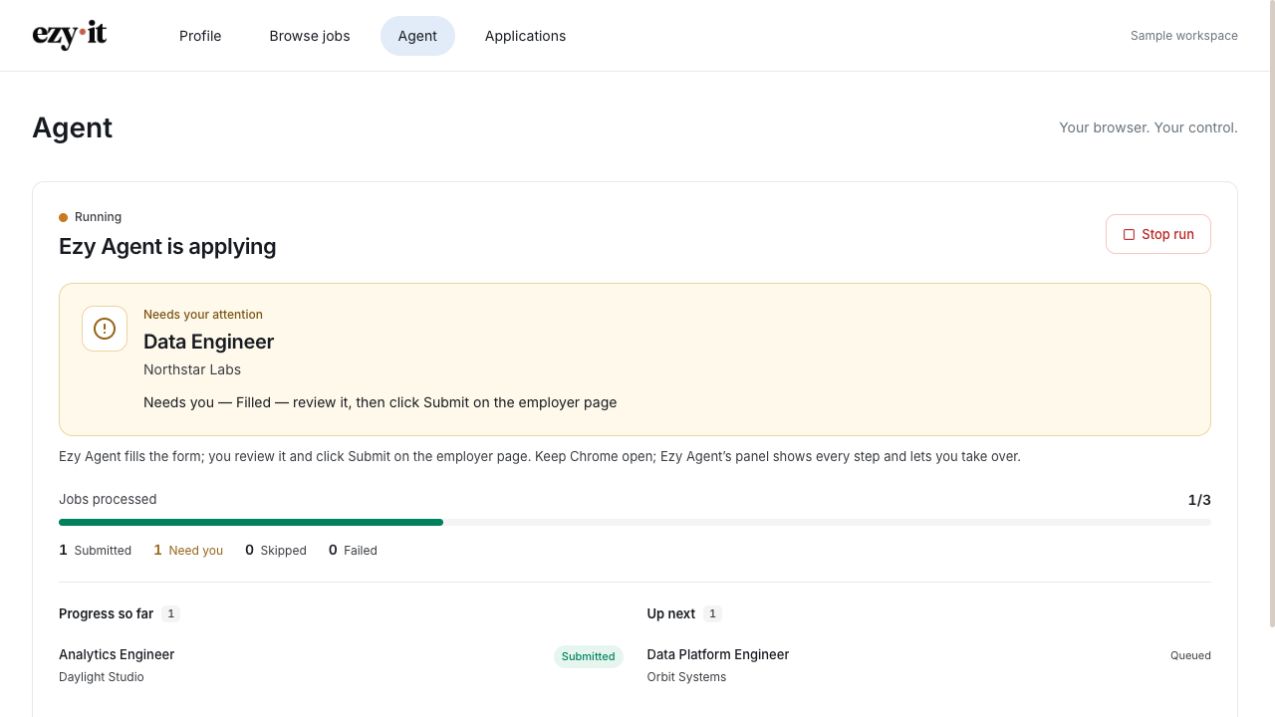 Ezy·it Agent screen showing an application awaiting review, run progress and a Stop run control.