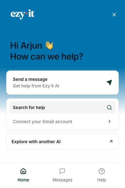 Ask AI messenger showing a greeting, Send a message, Search for help, and Explore with another AI, with Home, Messages and Help navigation.