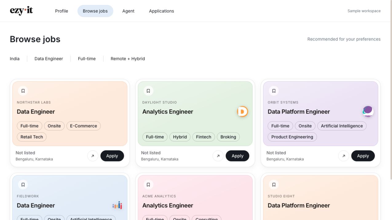 Ezy·it Browse jobs screen with pastel job cards, location filters and Apply buttons, using sample roles.