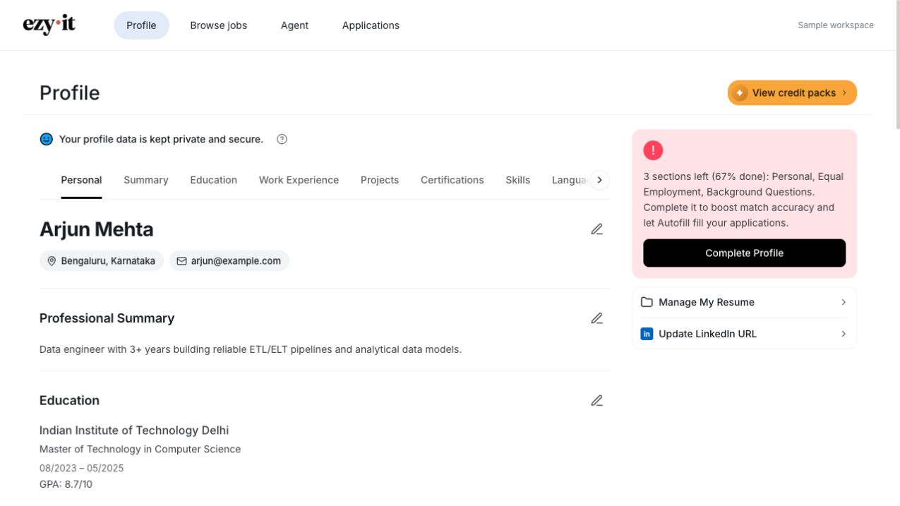 Ezy·it Profile screen showing a sample candidate’s personal details, professional summary and education.